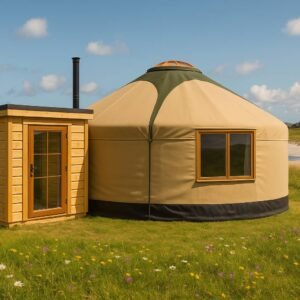 Illustration / planned layout — concept render of the planned yurt and lean-to at Ardroil. Prize is 125 nights over 5 years.